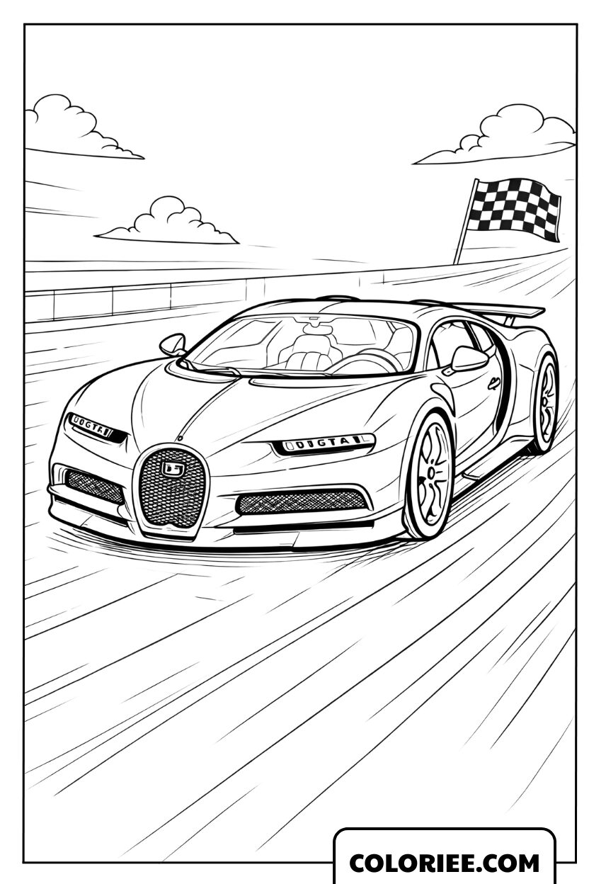 Dessin d'une puissante Bugatti Chiron sur un circuit de vitesse