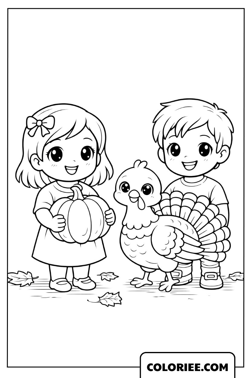 Coloriage Enfants et Dinde Adorable