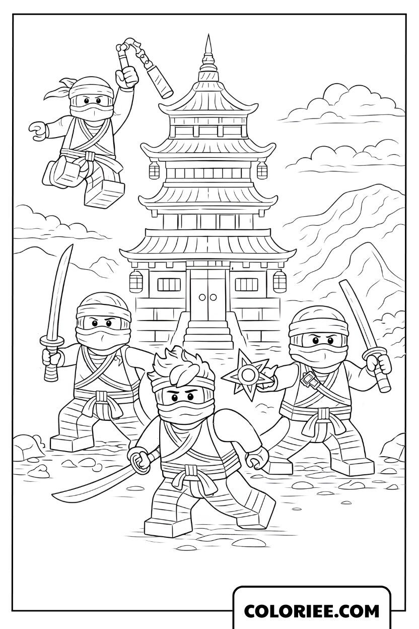 Coloriage Équipe de ninjas protégeant le temple