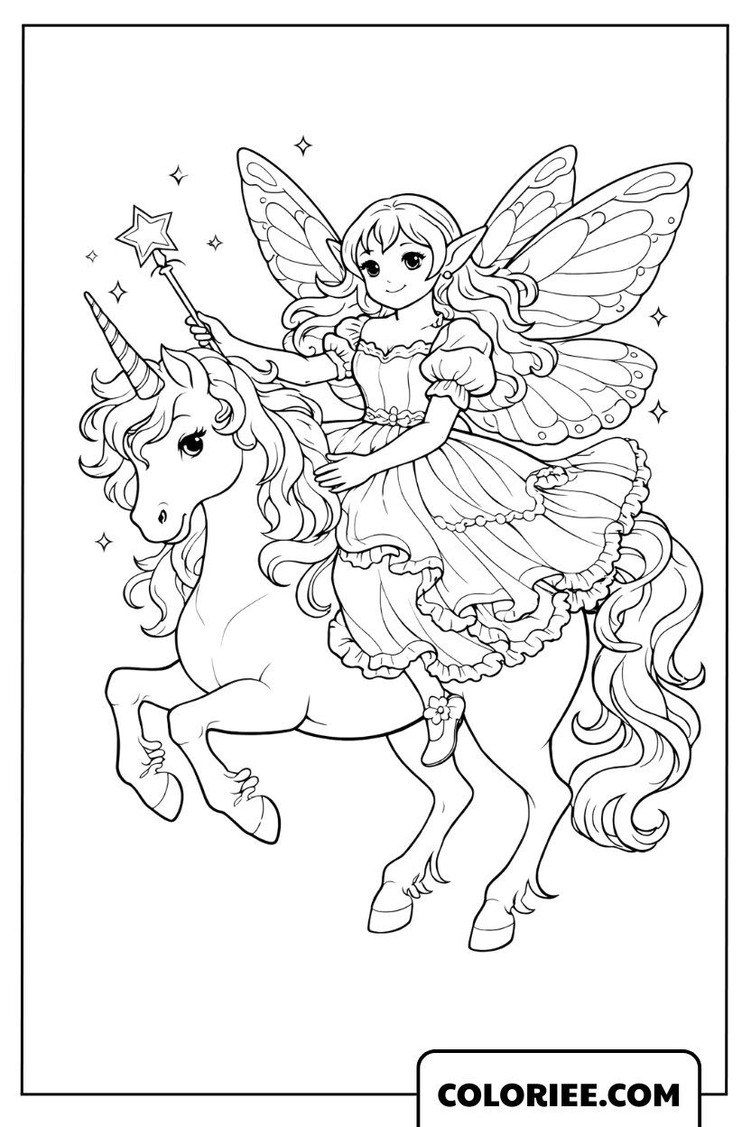 Coloriage Fée chevauchant une licorne magique