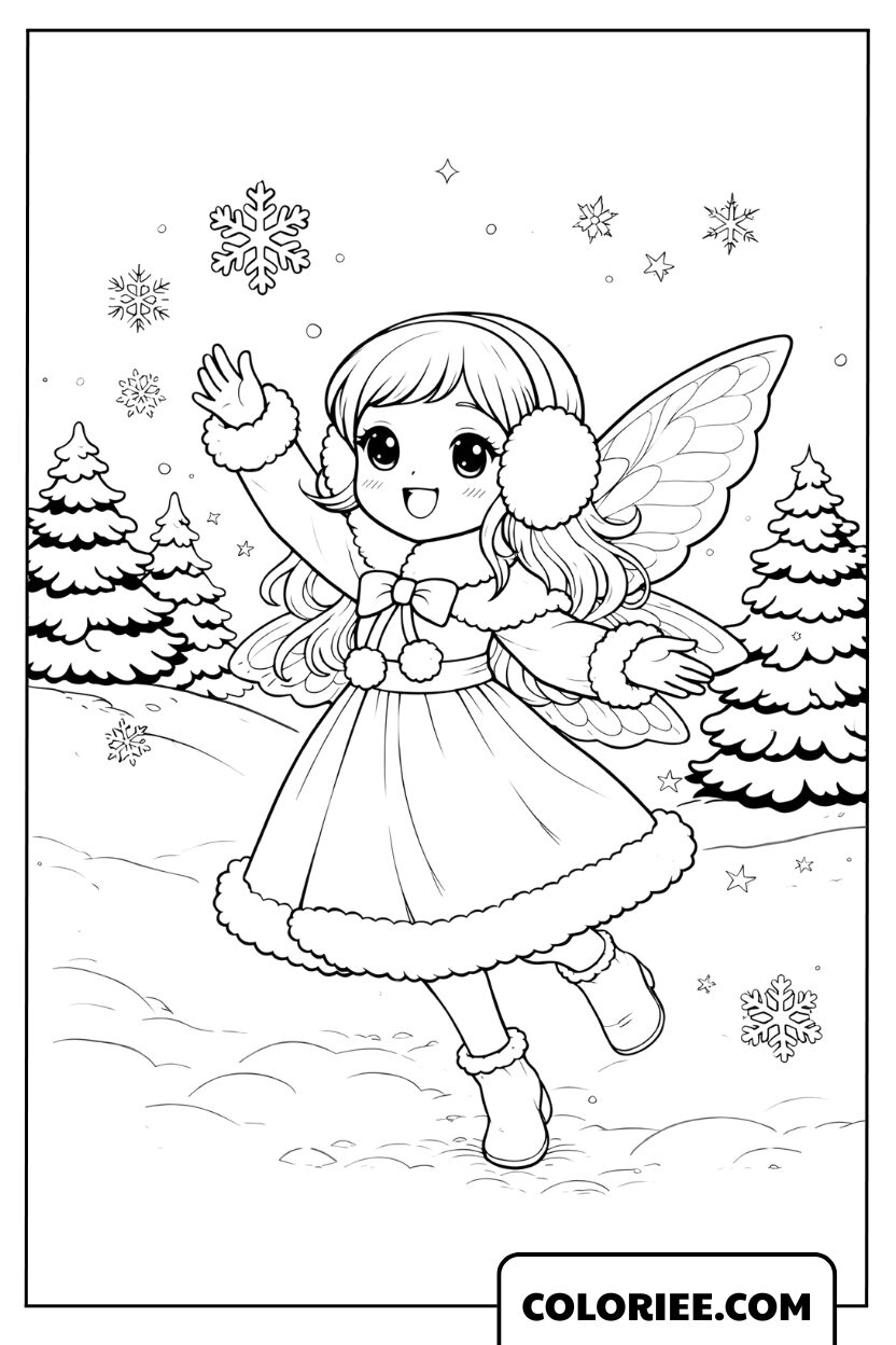 Coloriage Fée d’hiver dans la forêt enneigée