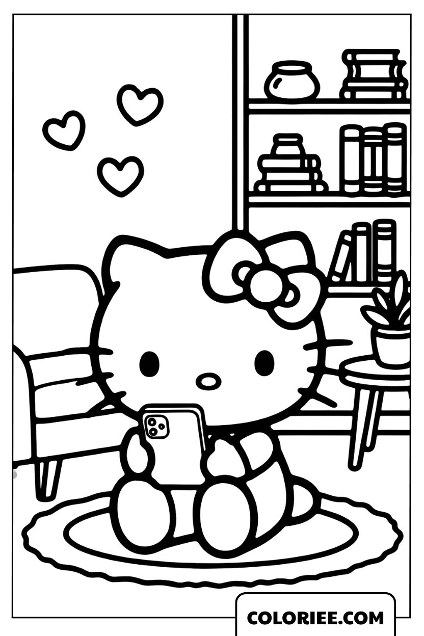 Coloriage Hello Kitty utilise un iPhone