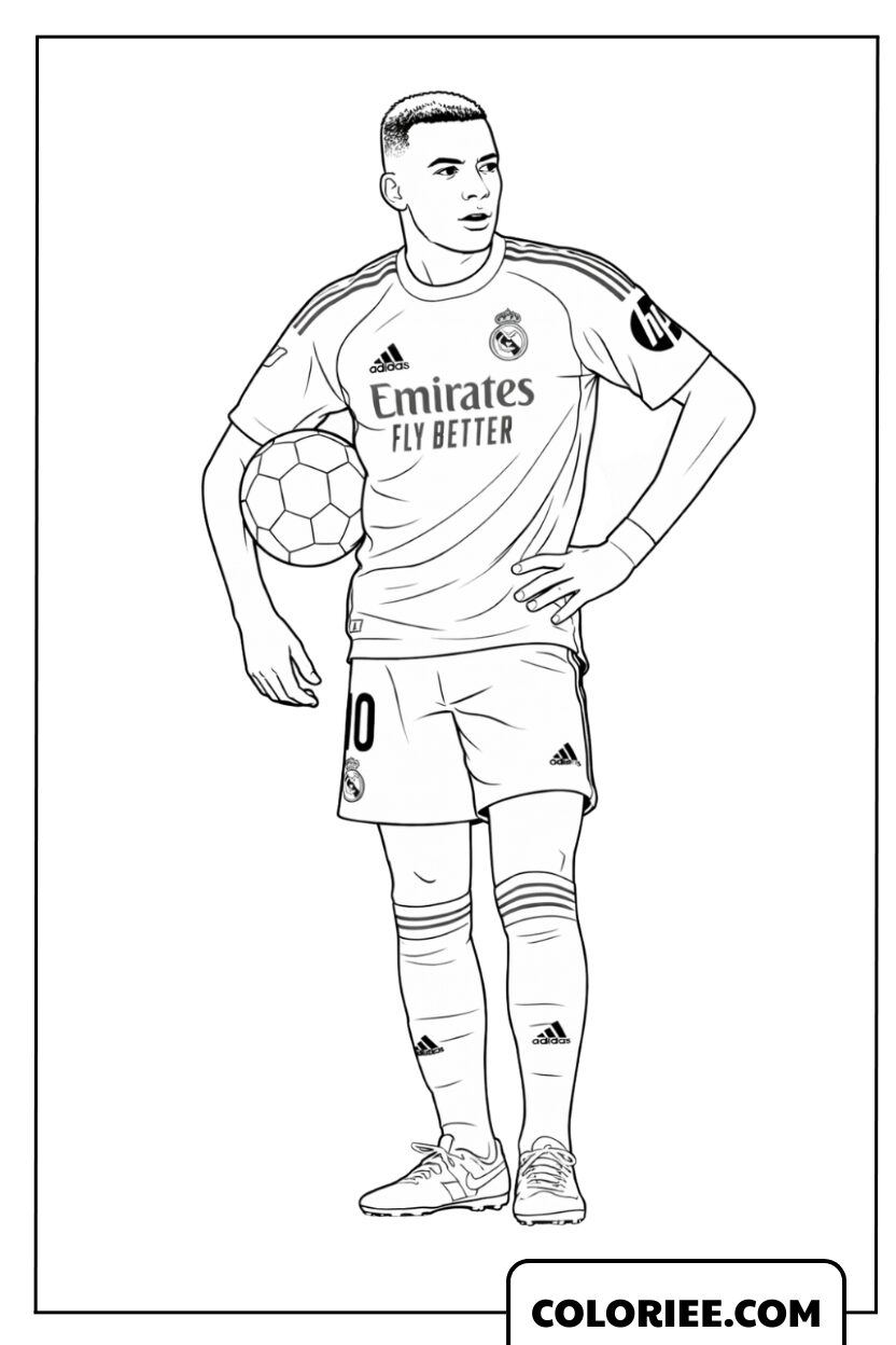 Coloriage Mbappé avec le Ballon sous le Bras