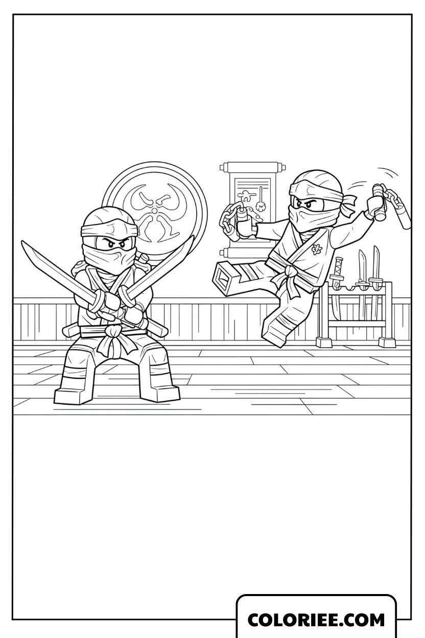 Coloriage Ninja à l’entraînement des armes