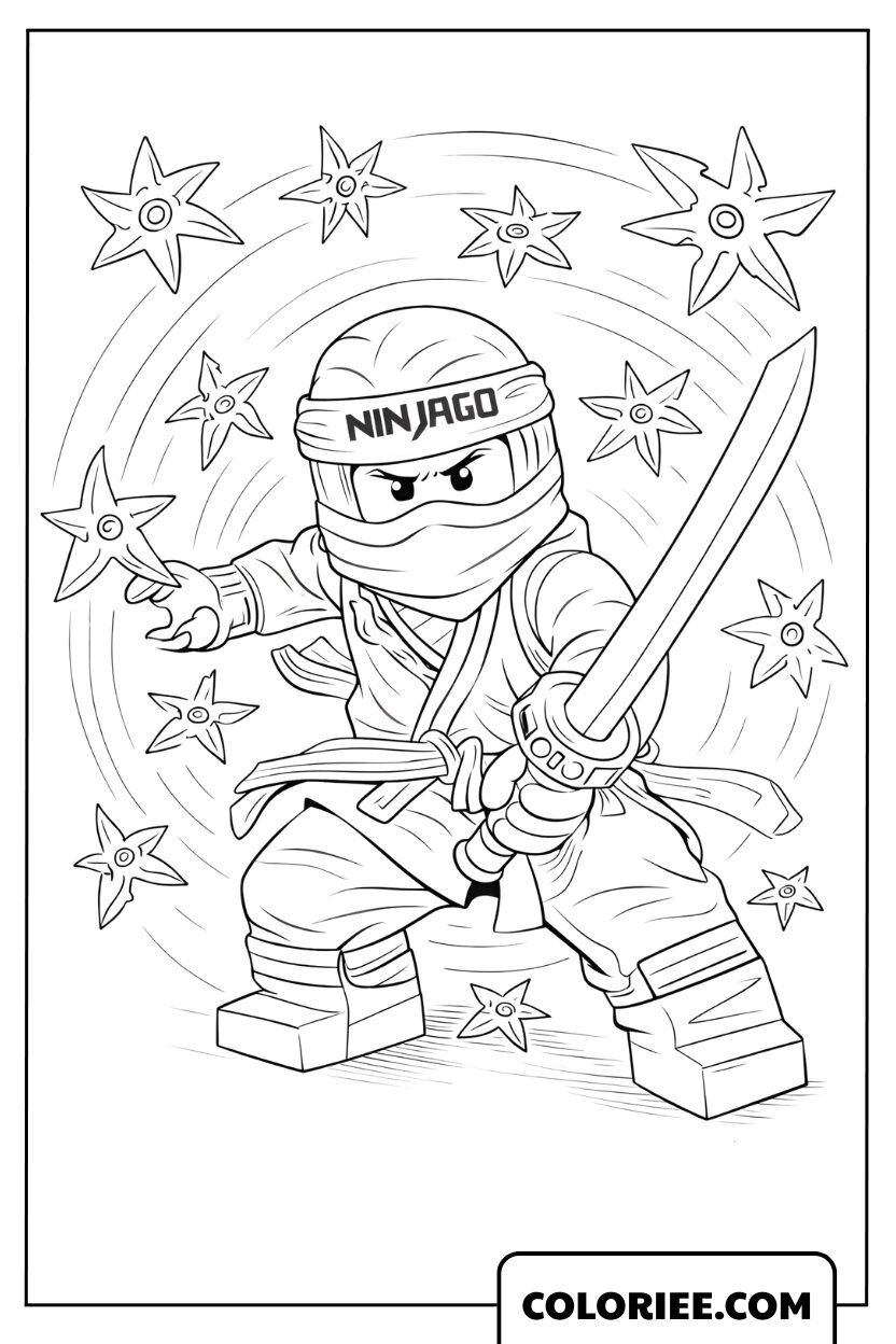 Coloriage Ninja à l’épée et aux shurikens