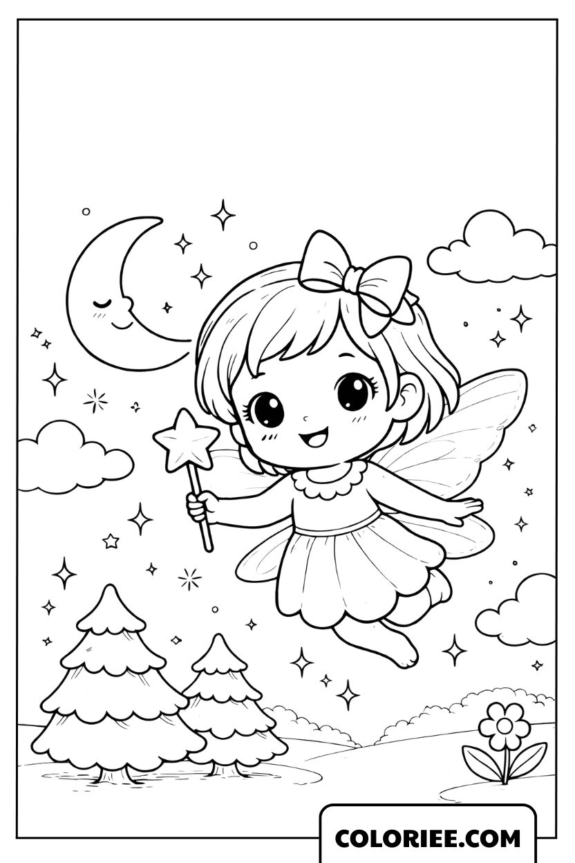 Coloriage Petite Fée Volant sous la Lune