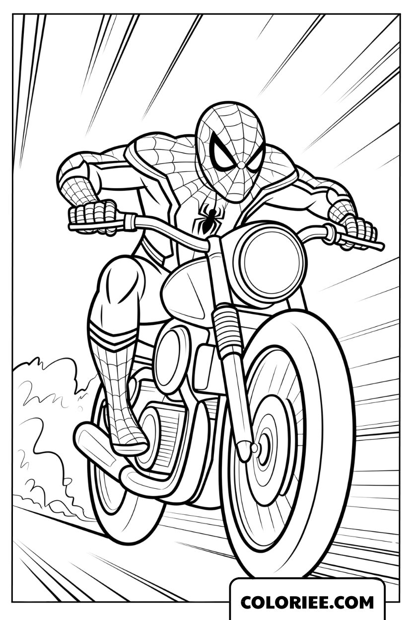 Coloriage Spiderman accélérant à moto