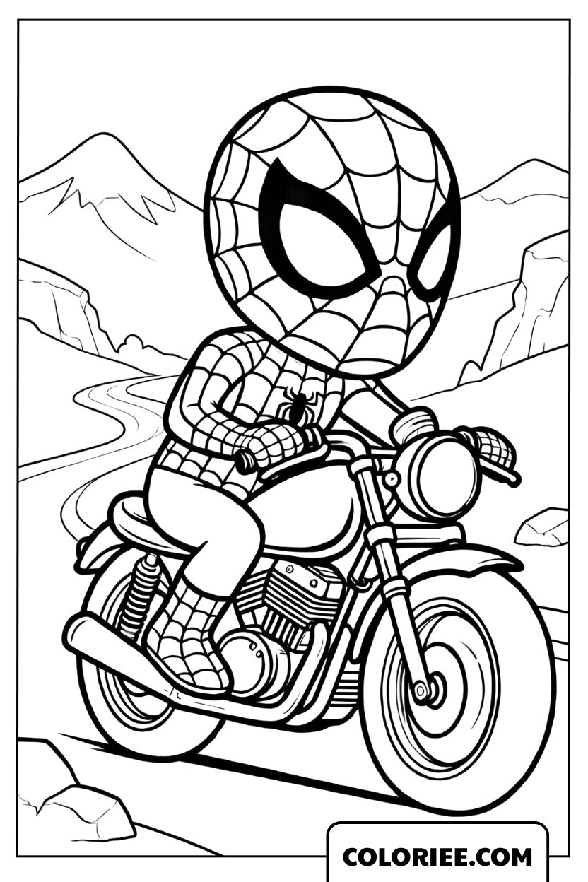 Coloriage Spiderman chibi à moto en montagne