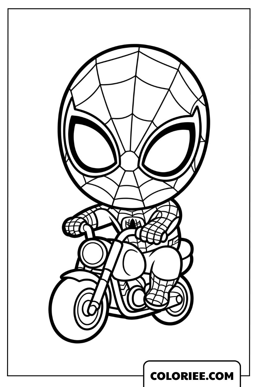 Coloriage Spiderman chibi à moto
