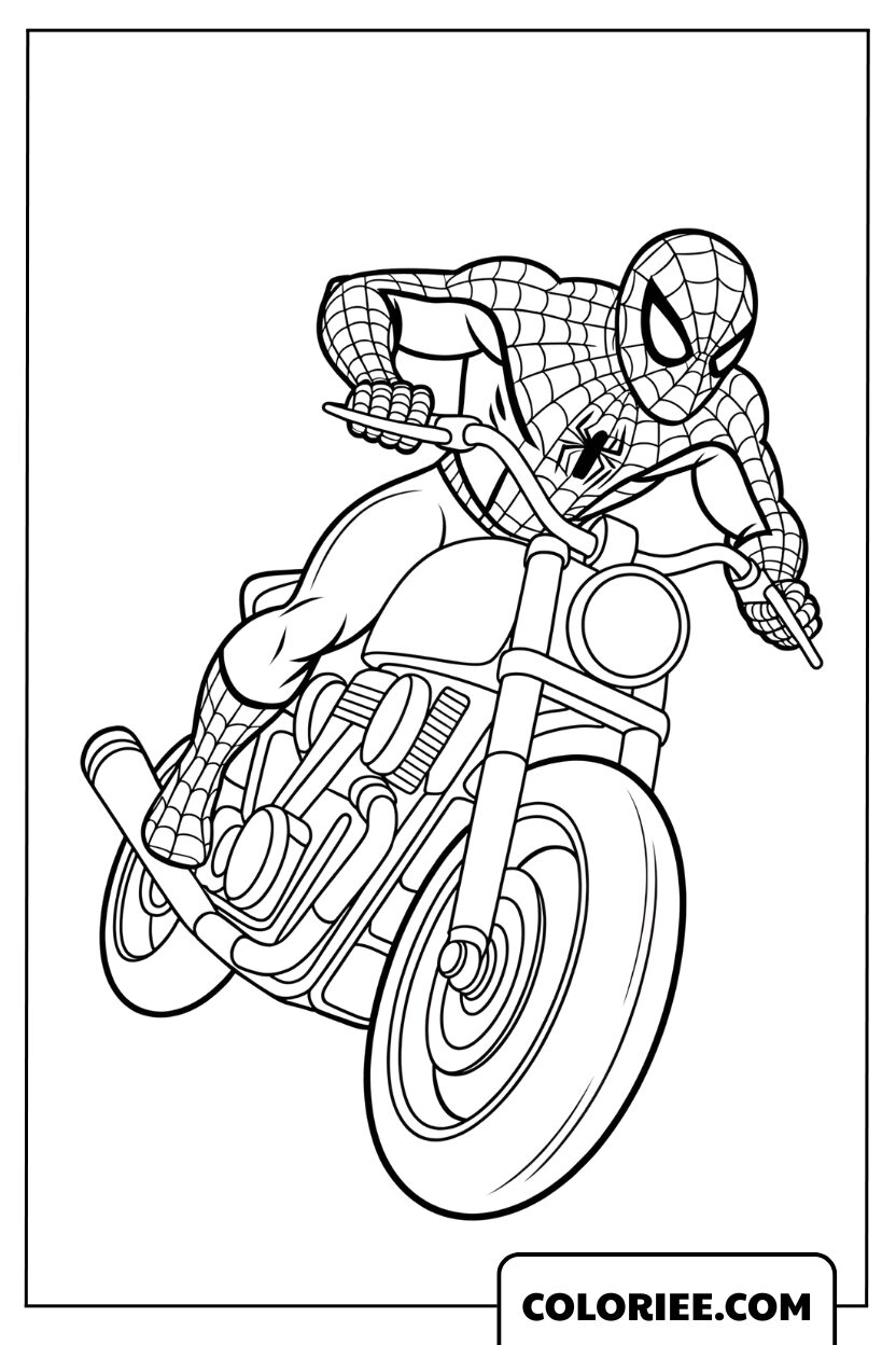 Coloriage Spiderman en cascade moto