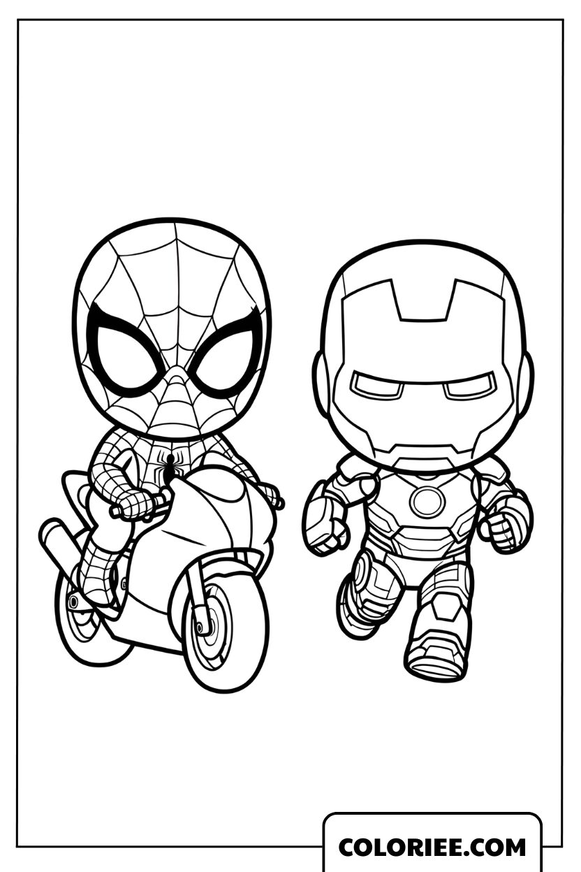 Coloriage Spiderman et Iron Man en course mini