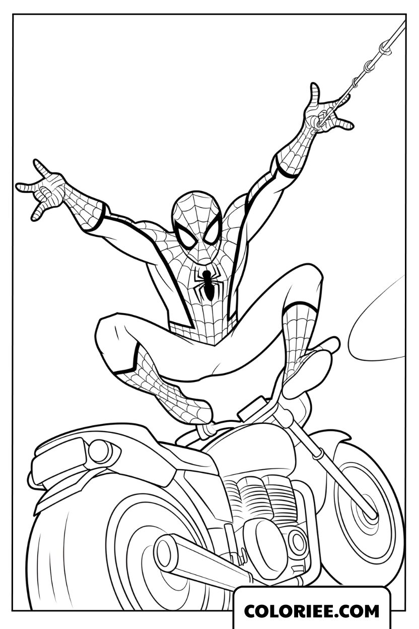 Coloriage Spiderman sautant en moto