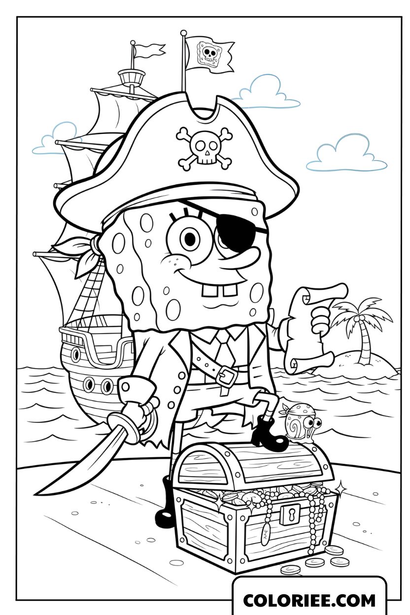 Coloriage SpongeBob pirate et le coffre au trésor
