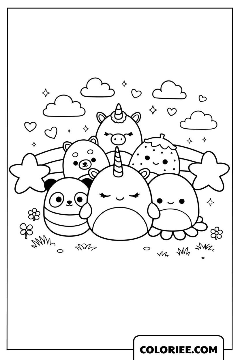 Coloriage Squishmallow et l’arc-en-ciel joyeux