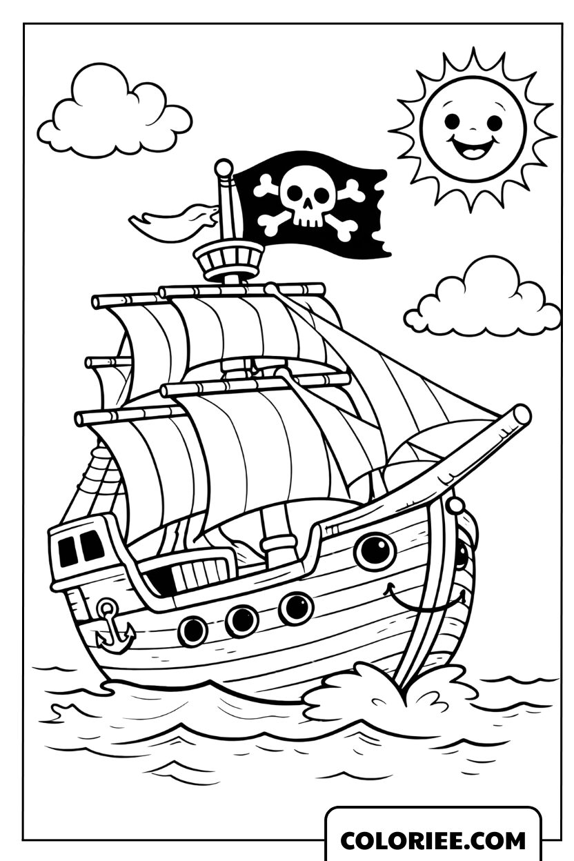 Coloriage bateau pirate naviguant sous le soleil