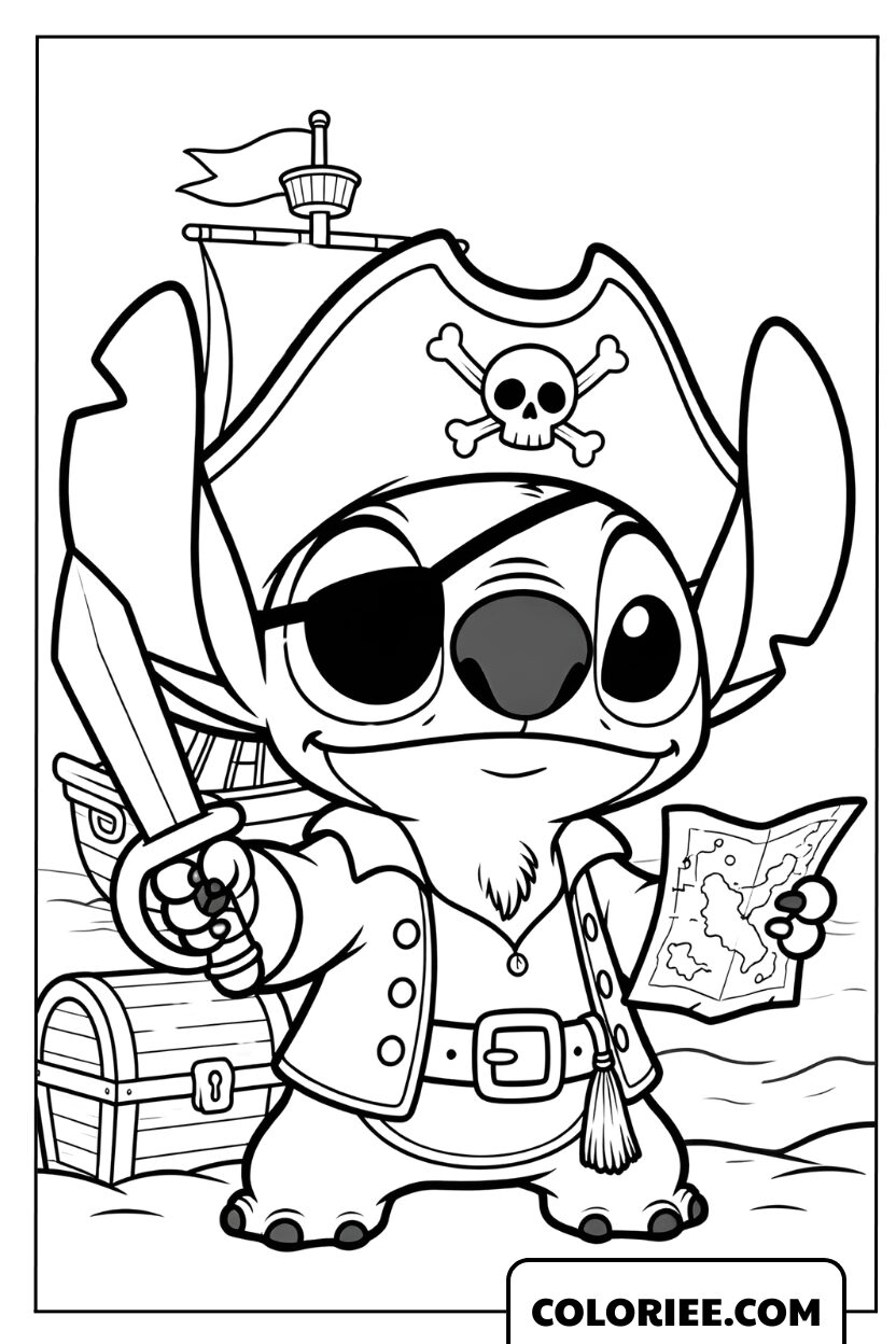 Coloriage capitaine Stitch et la carte au trésor