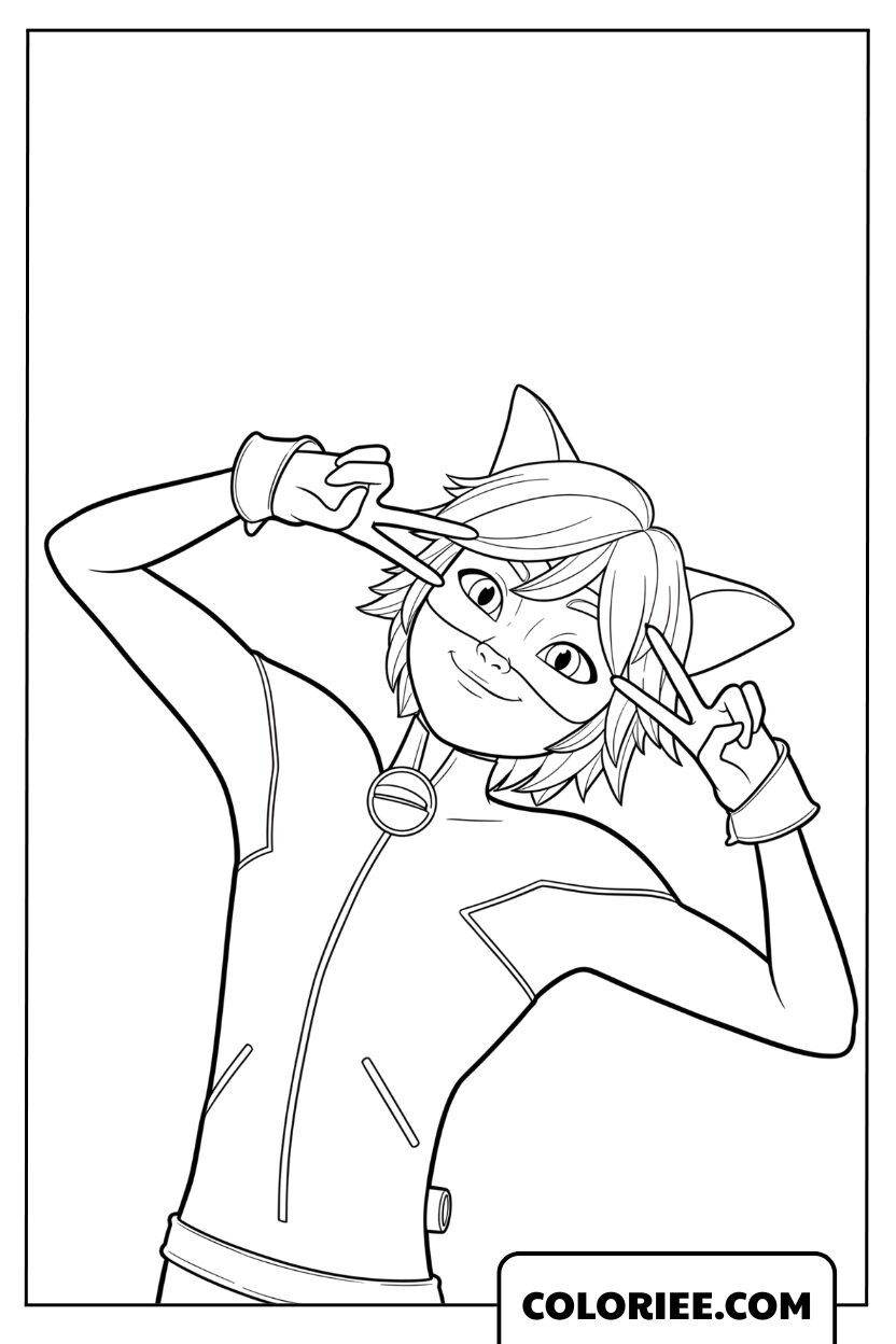 Coloriage de Chat Noir faisant un signe de victoire