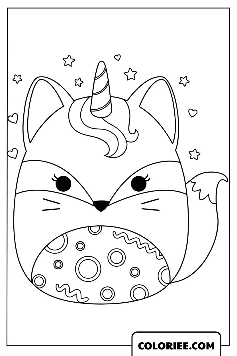 Coloriage de Feather le renard licorne Squishmallow féerique