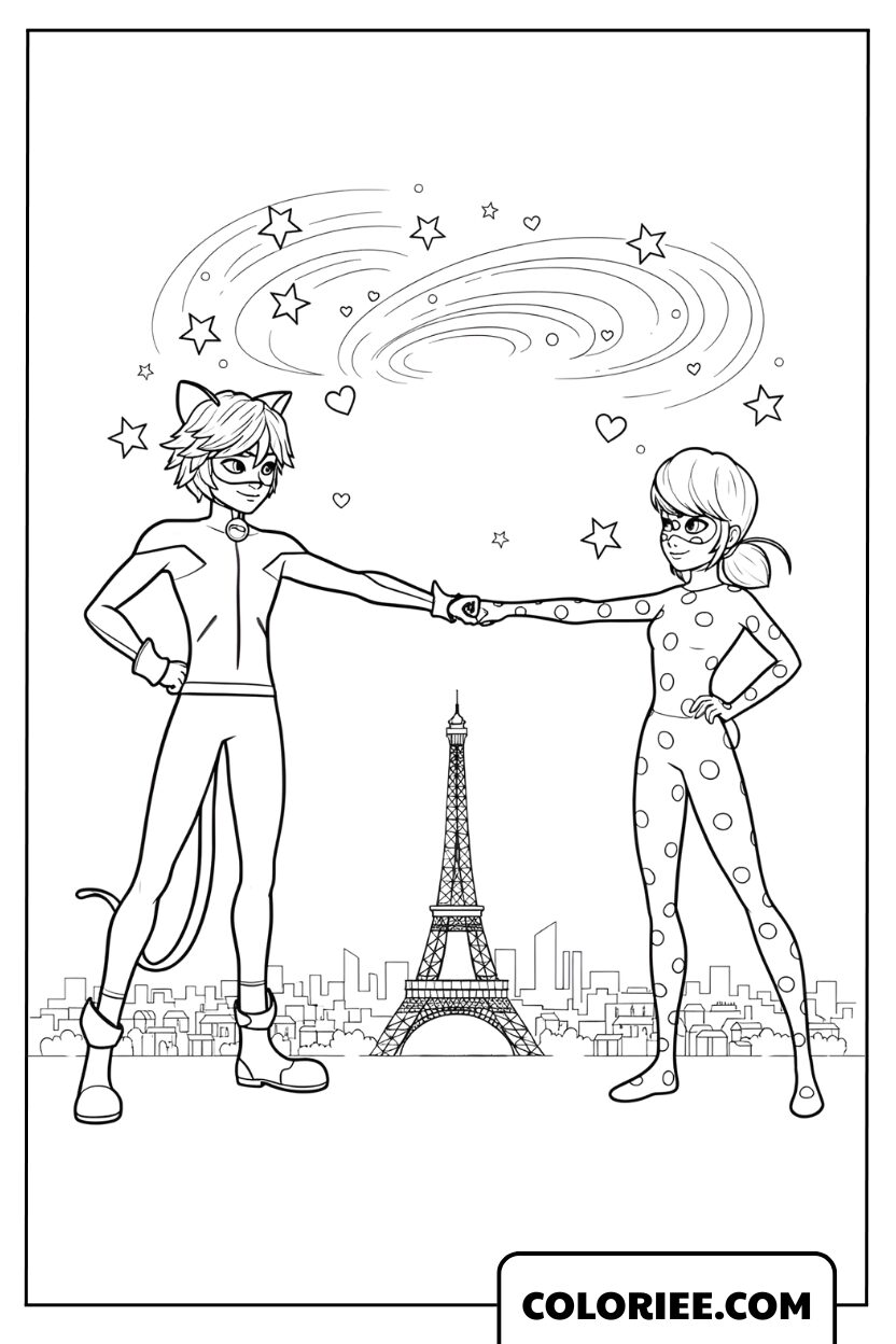 Coloriage de Ladybug et Chat Noir devant la Tour Eiffel