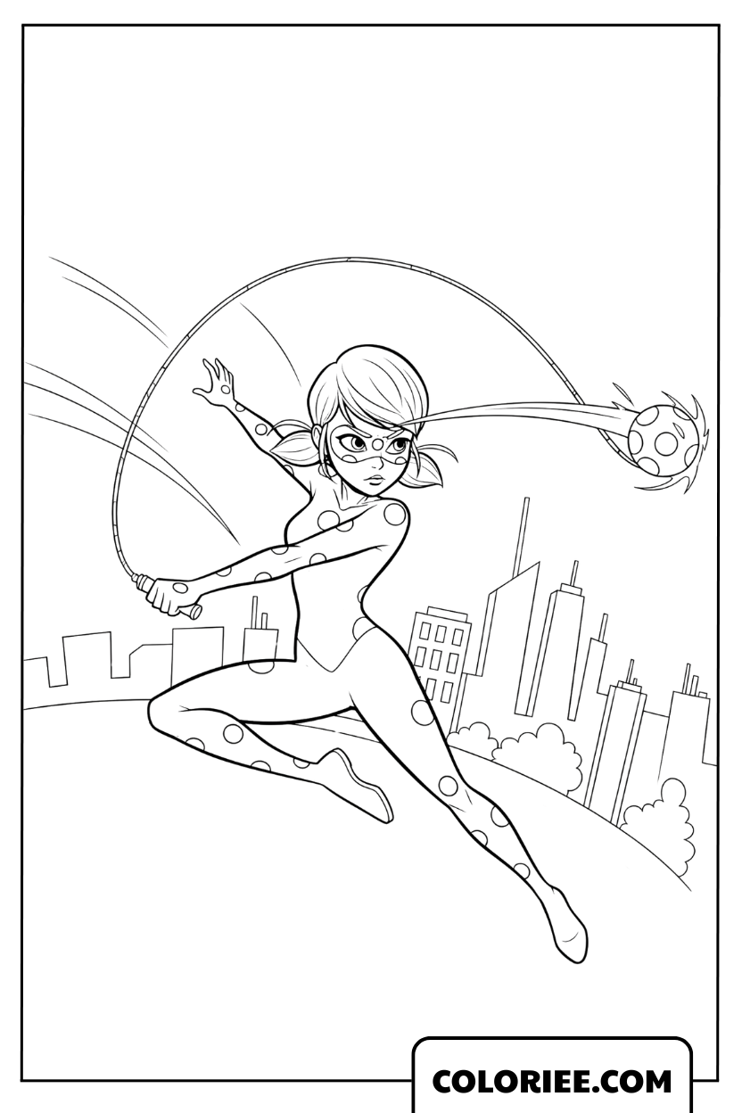 Coloriage de Ladybug sautant au-dessus des toits de Paris