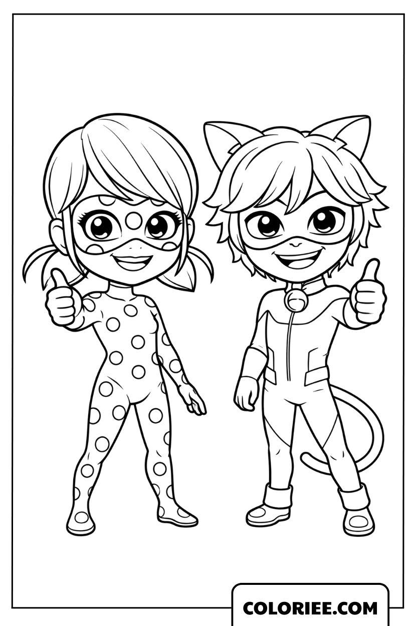 Coloriage de Ladybug và Chat Noir en version chibi