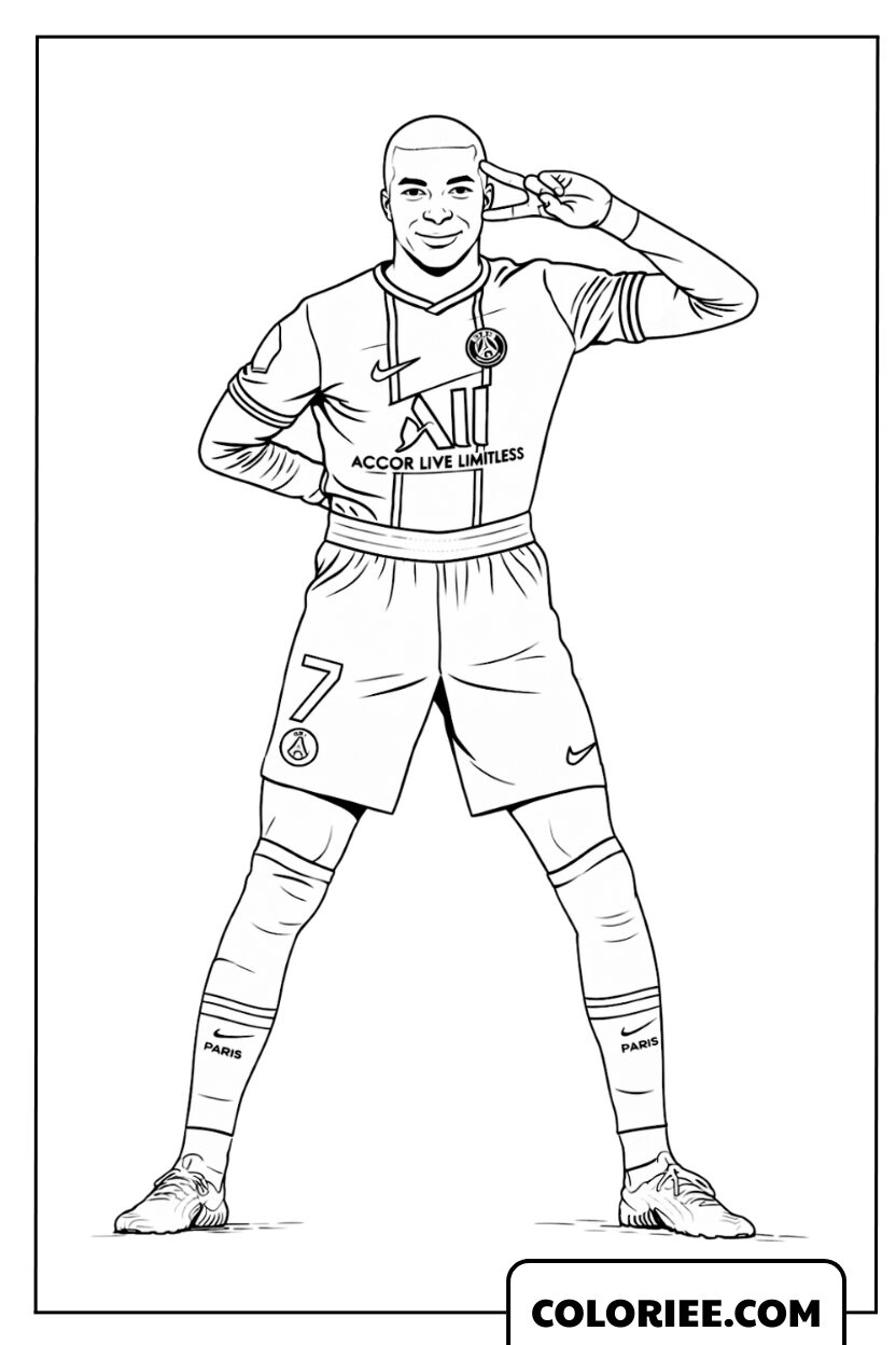 Coloriage de Mbappé avec une attitude confiante sur le terrain