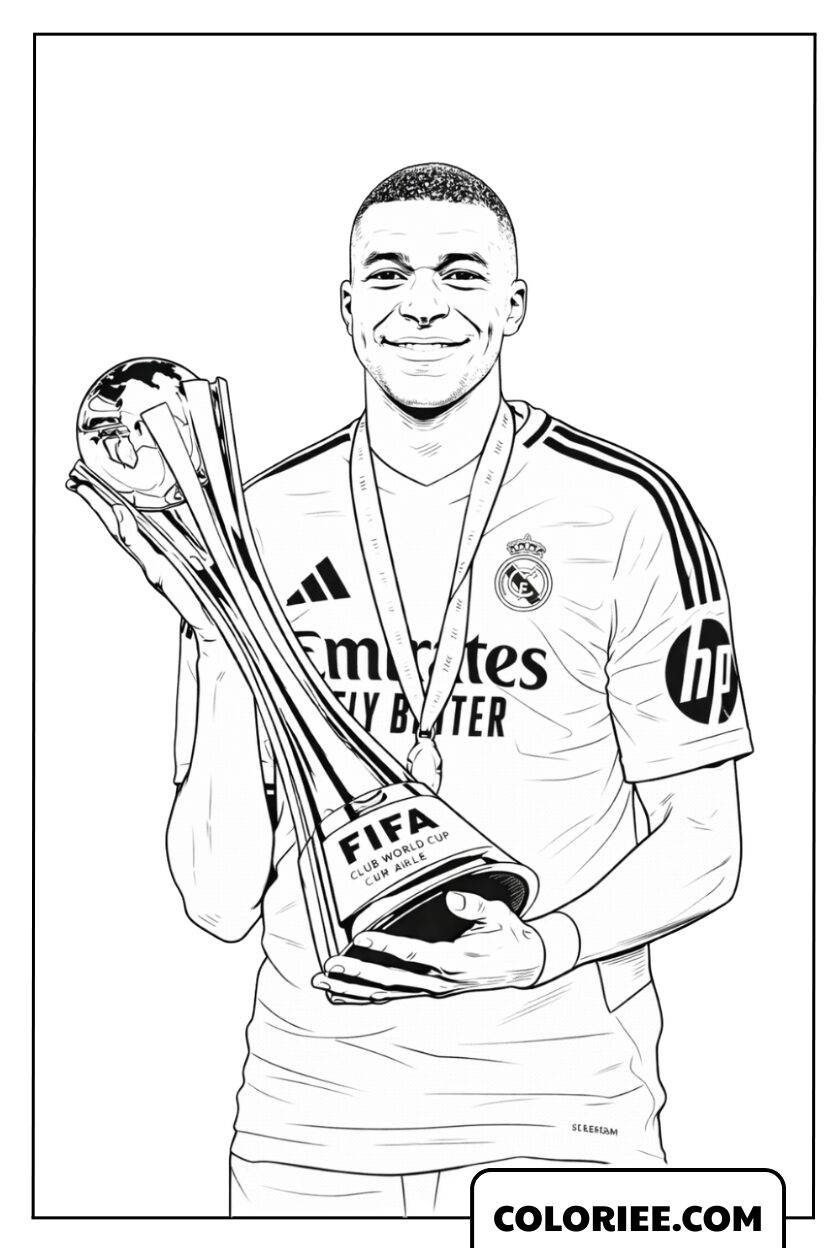 Coloriage de Mbappé rayonnant avec le trophée prestigieux