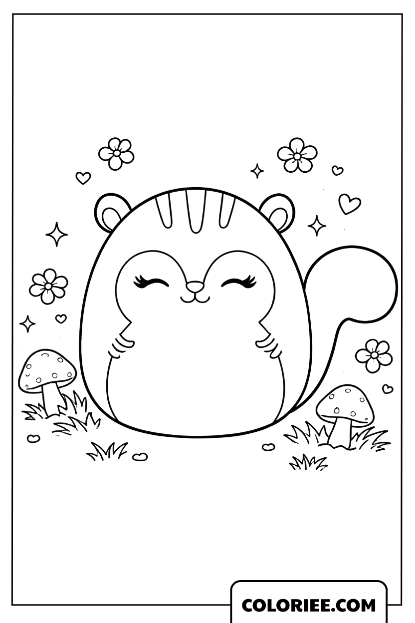 Coloriage de Squishmallow Sydney l'écureuil dans le jardin
