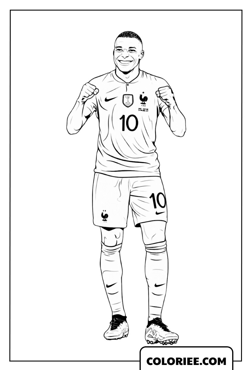 Coloriage du super attaquant Mbappé célébrant la victoire