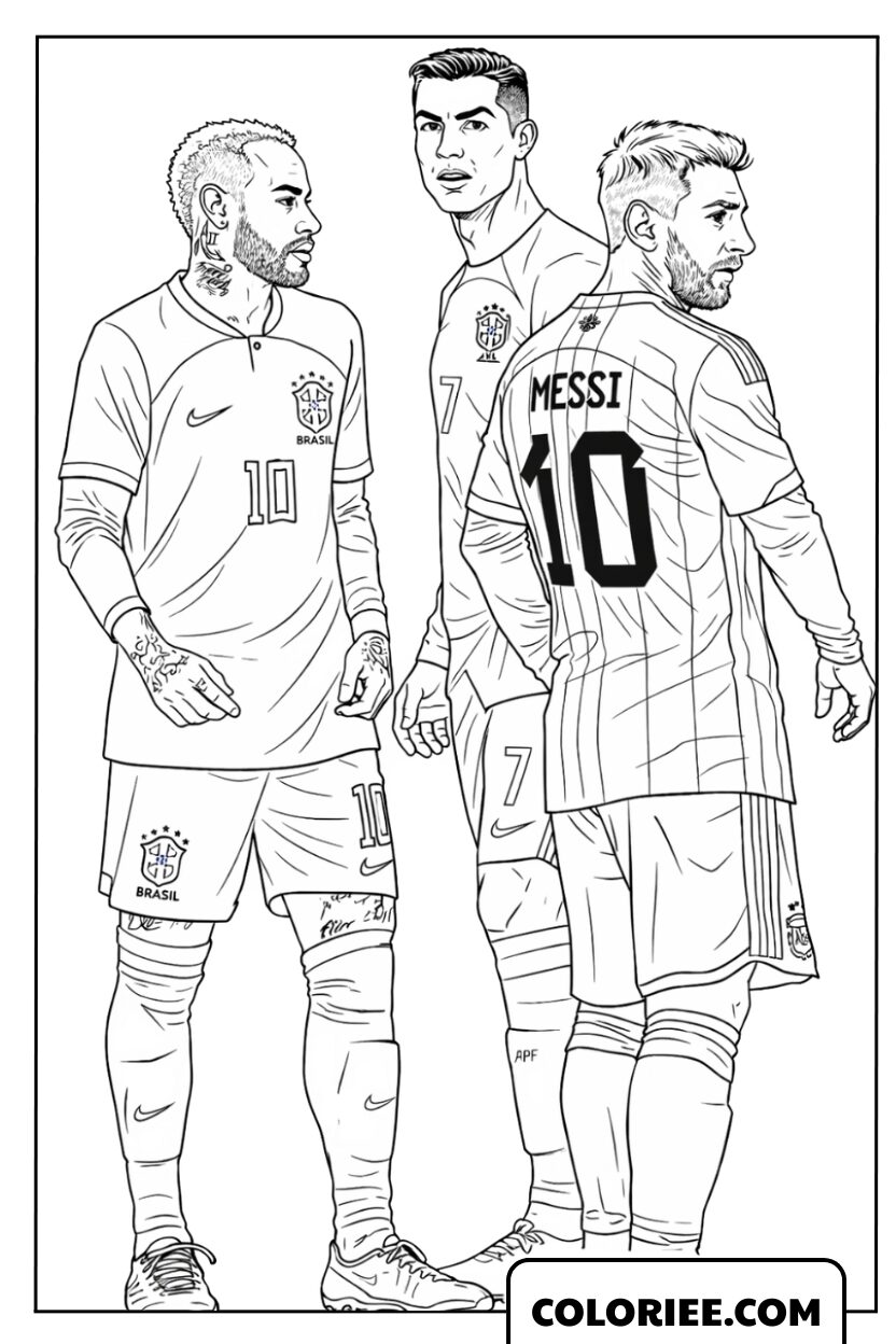 Coloriage du trio de superstars Neymar, Ronaldo et Messi réunis