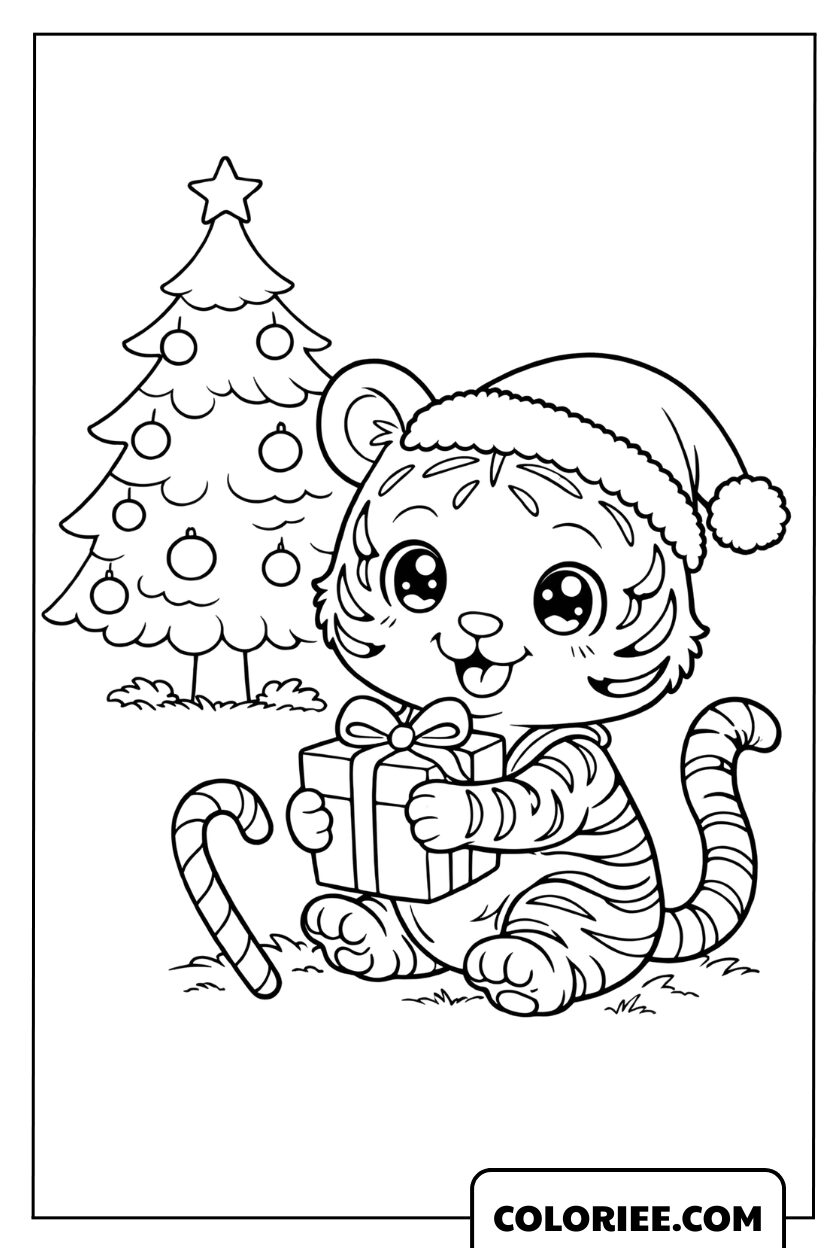 Coloriage d'un bébé tigre avec un bonnet de Noël et un sapin à colorier