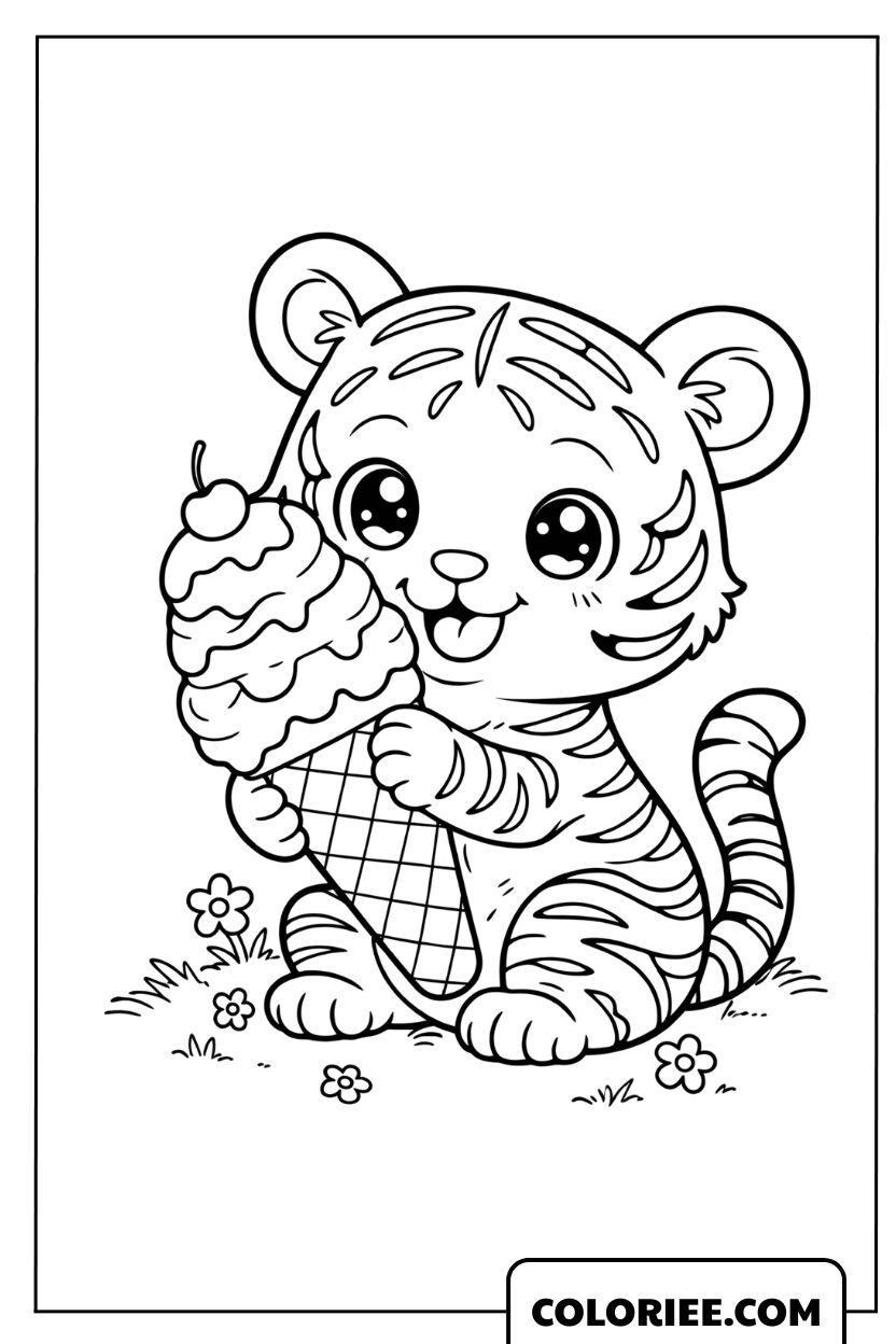 Coloriage d'un bébé tigre dégustant une grande glace à colorier