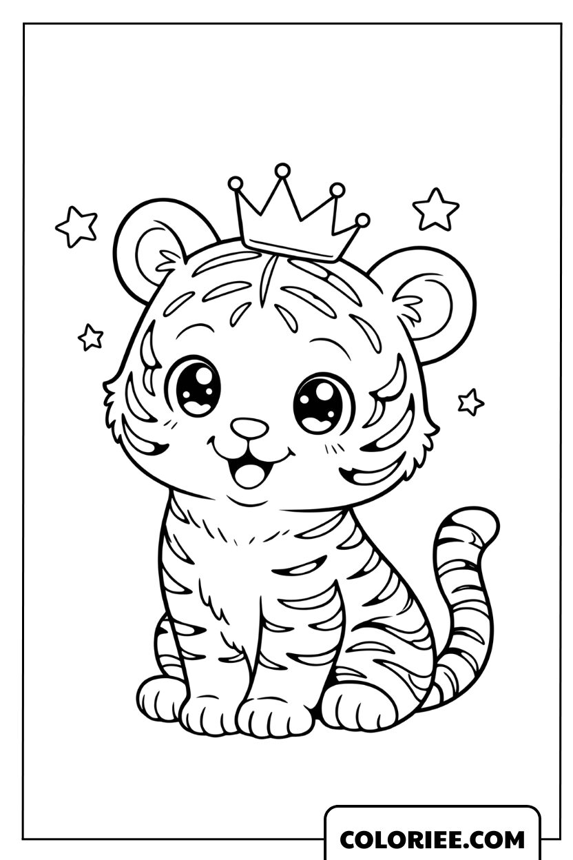 Coloriage d'un bébé tigre portant une couronne royale à colorier