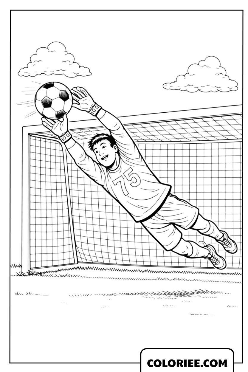 Coloriage d'un gardien de but faisant un arrêt spectaculaire