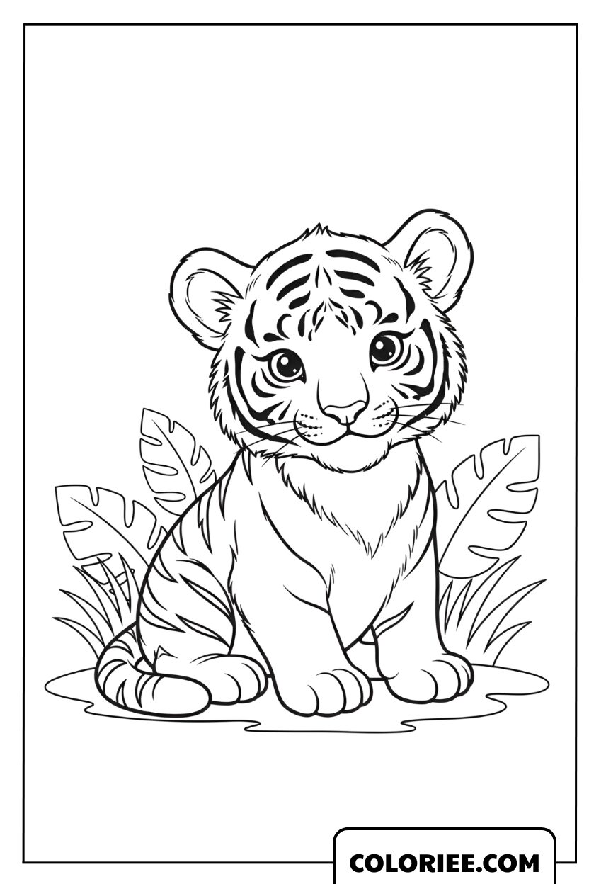 Coloriage d'un mignon bébé tigre blanc parmi les feuilles à colorier