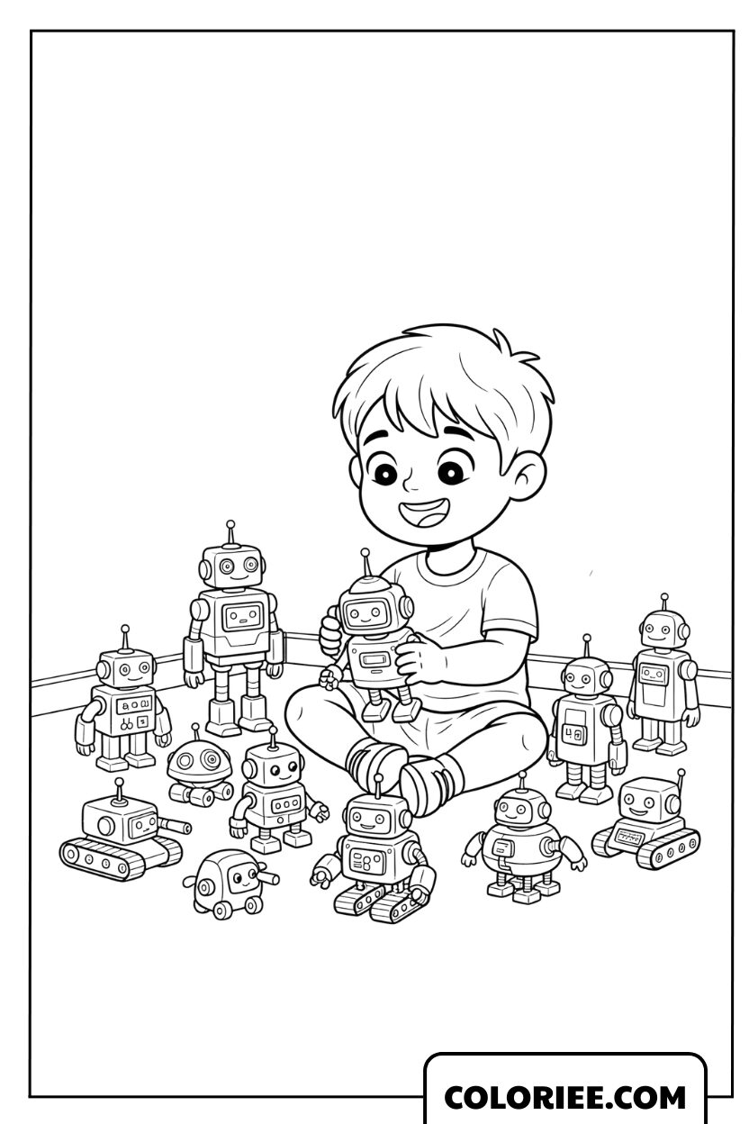 Coloriage d'un petit garçon jouant avec sa collection de robots