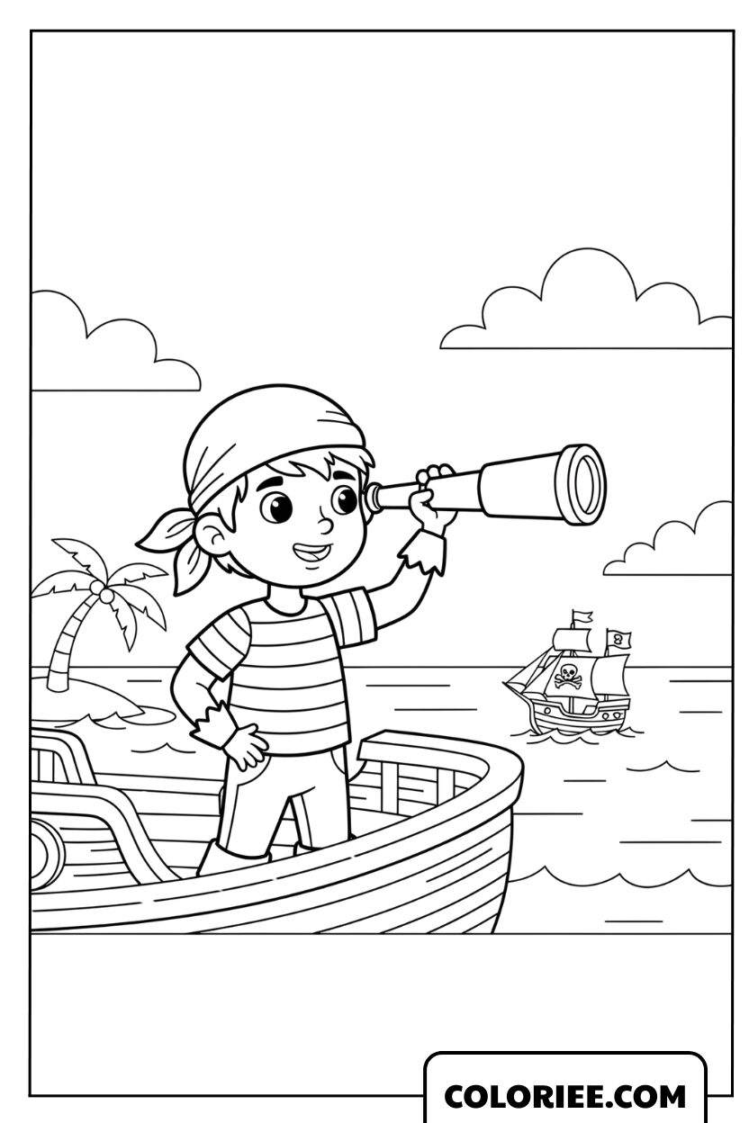 Coloriage d'un petit pirate avec une longue-vue