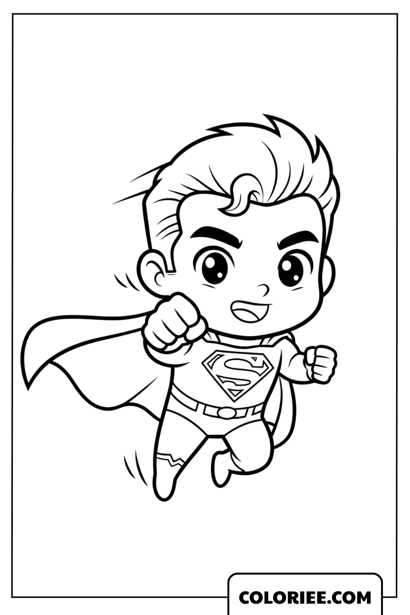 Coloriage d'un petit super-héros volant dans les airs