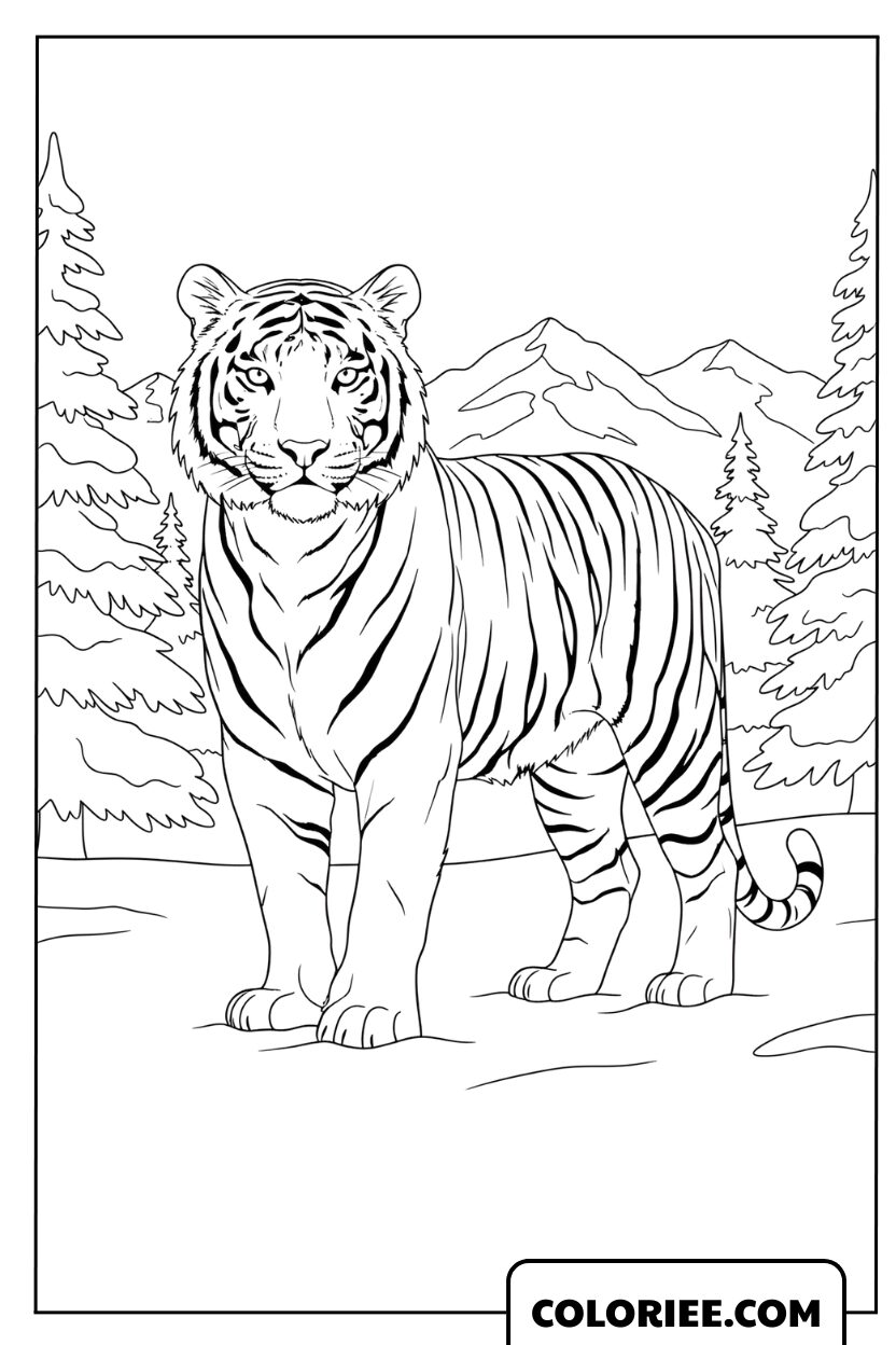 Coloriage d'un tigre blanc dans une forêt de pins enneigée à colorier