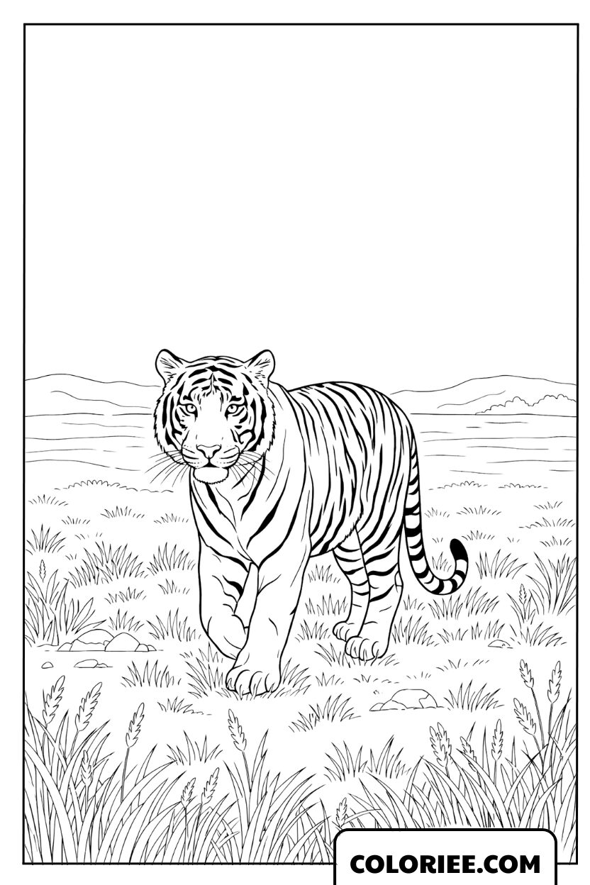 Coloriage d'un tigre blanc marchant dans un champ d'herbe à colorier