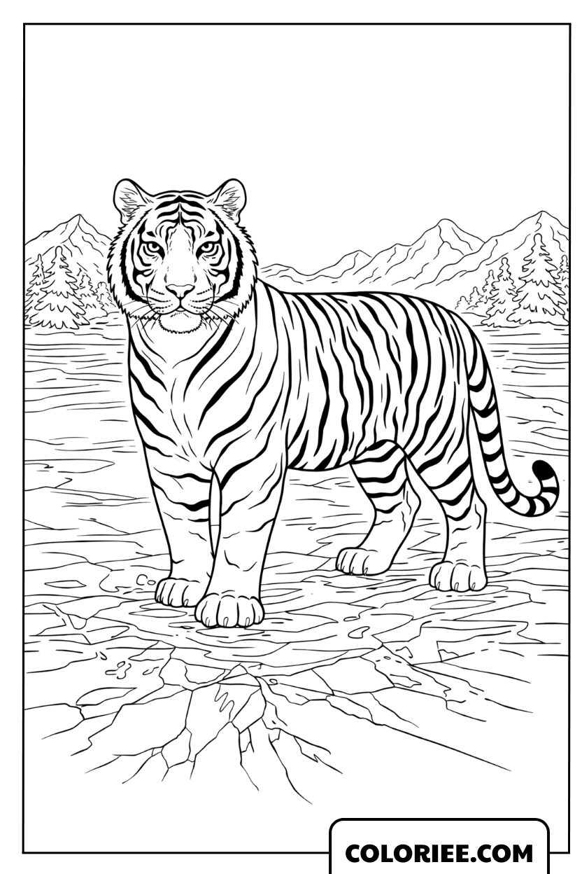 Coloriage d'un tigre blanc sur un sol craquelé au bord de l'eau à colorier
