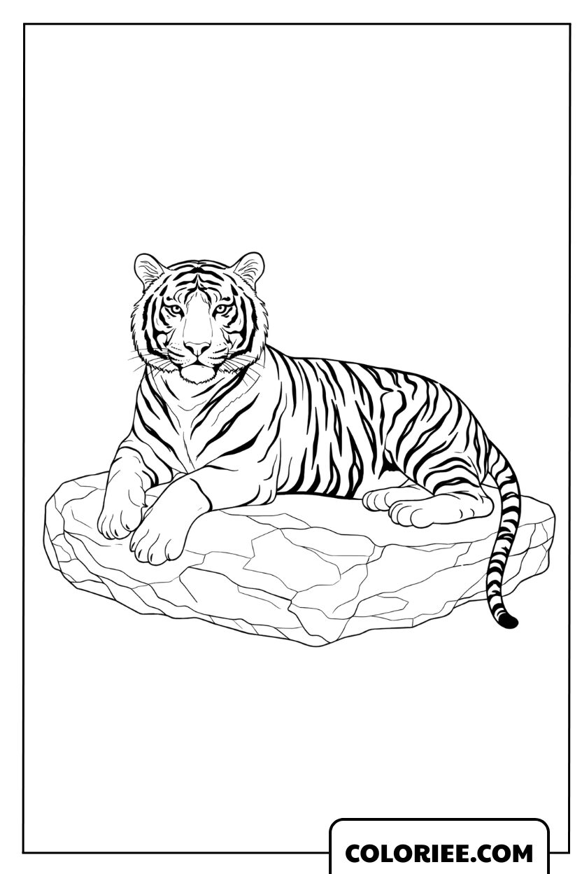 Coloriage d'un tigre du Bengale au repos sur un rocher à colorier