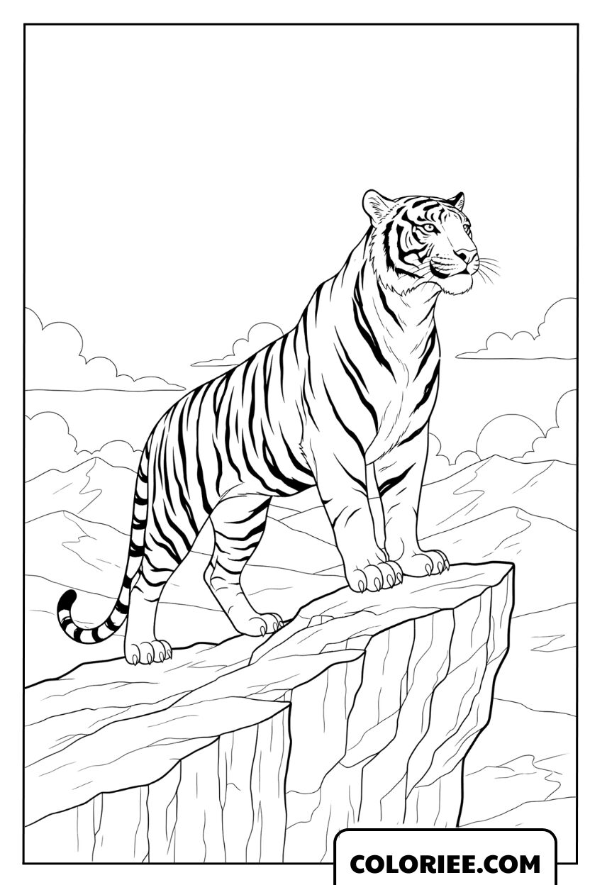 Coloriage d'un tigre du Bengale sur un sommet rocheux à colorier