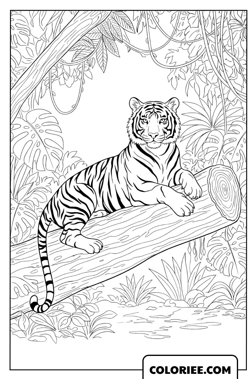 Coloriage d'un tigre du Bengale sur un tronc d'arbre en forêt à colorier