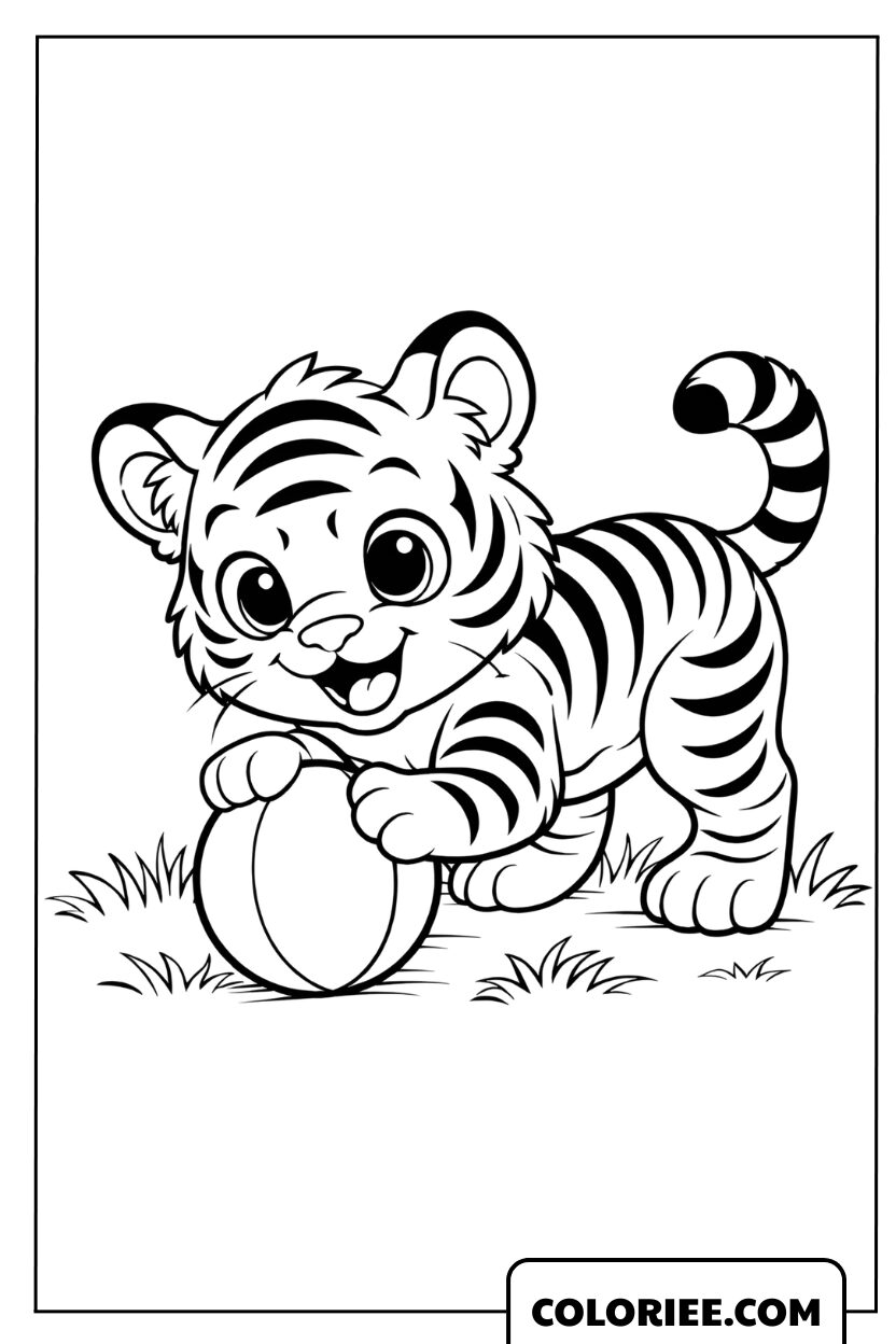 Coloriage d'un tigre joyeux jouant avec un ballon à colorier