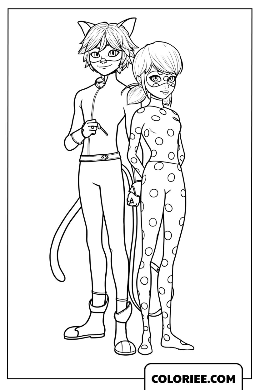 Coloriage duo de Chat Noir et Ladybug dos à dos