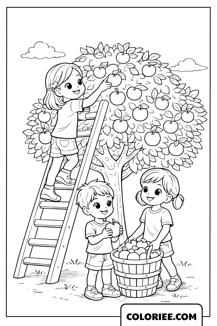 Coloriage enfants cueillant des pommes douces