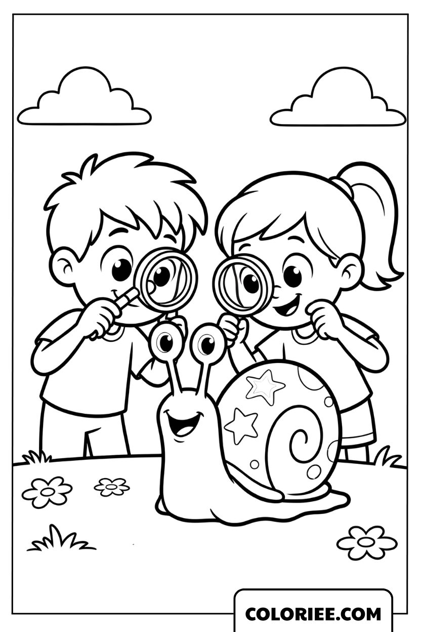 Coloriage enfants observant un escargot