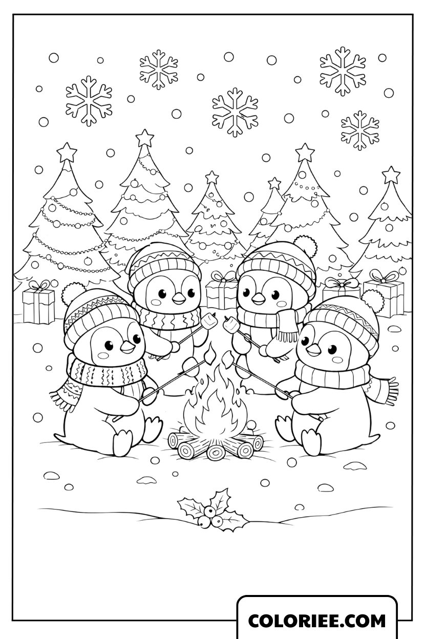 Coloriage famille de pingouins autour du feu
