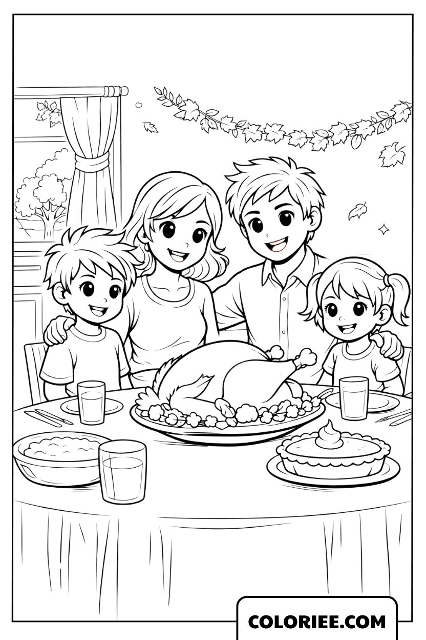 Coloriage famille réunie pour Action de grâce